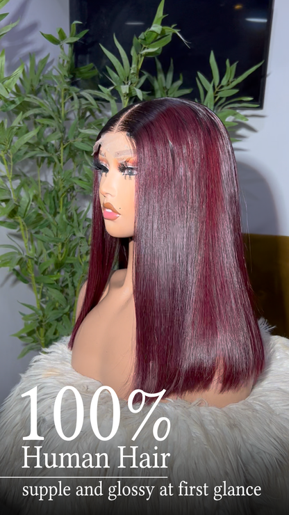 Wine Whisper: Sophisticated Black Red Human Hair Wig Closure 2x4 Thin Lace Glueless Wig