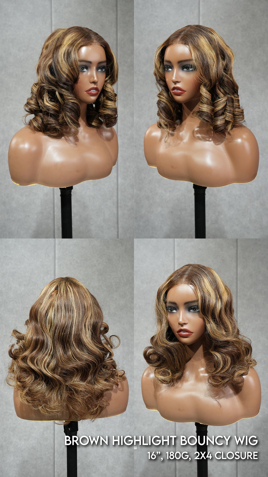 16'' Brown Highlight Bouncy Wig 180gr 2x4 Closure