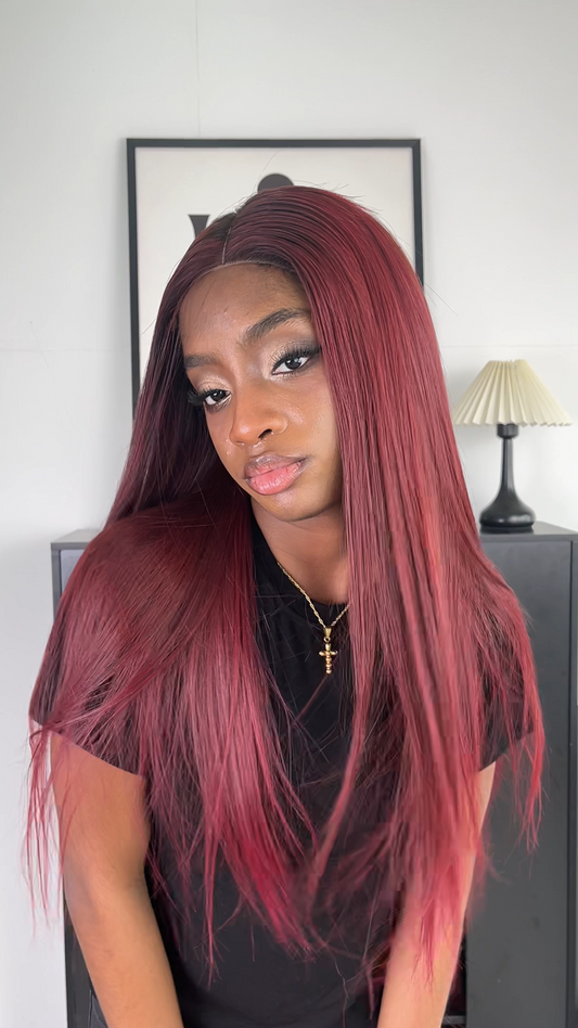Vintage Scarlet: Luxuriously Smooth Long Red 2x4 Thin Lace Glueless Human Hair Wig