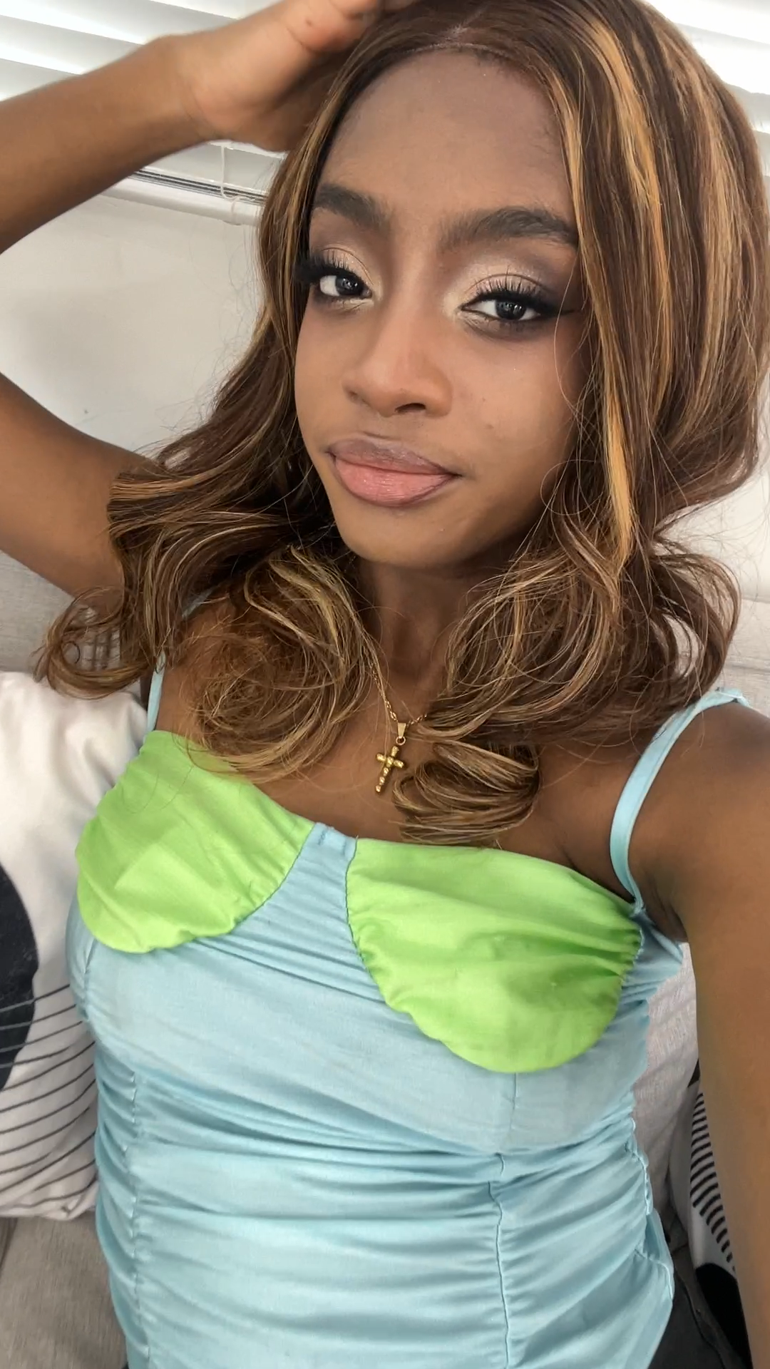 Medium Long Loose Curl Brown Highlight Wig  100% Human Hair
