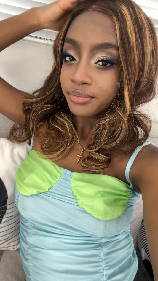 Medium Long Loose Curl Brown Highlight Wig  100% Human Hair